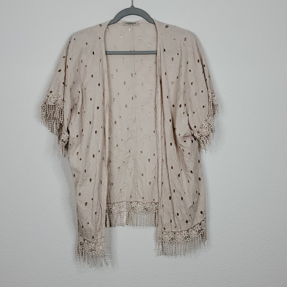 Valentina Naldi Cardigan Fringe Trim Lightweight Cutout Eyelet Cream Womens S